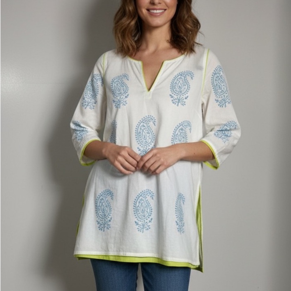 Gretchen Scott Cotton White Blue Paisley Tunic Top Size‎ Small